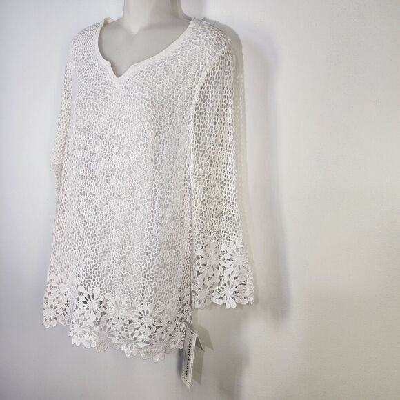 Alfred Dunner Tunic Top Womens Medium White Open Crochet 3/4 Sheer Sleeve Lined - Picture 5 of 9